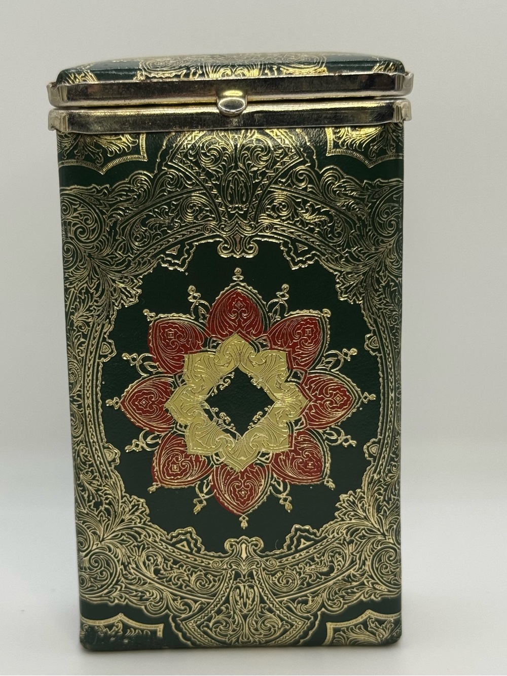 Rare Vintage Italian Florentine Leather Cigarette Trinket Case Green Gold Gilt
